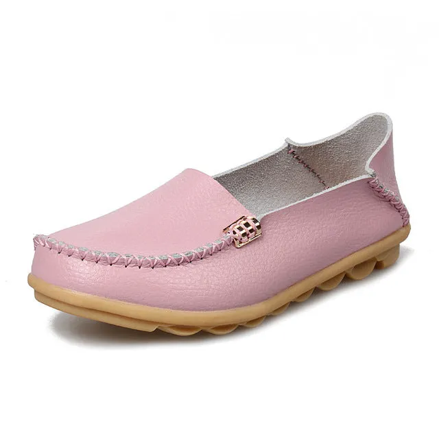 2017 Summer Candy Colors Genuine Leather Women Casual Shoes Fashion Breathable Slip-on Peas Massage Metal Decoration Flat Shoes