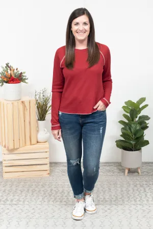 A Fall Feeling - Red Textured Round Neck Long Sleeve Top