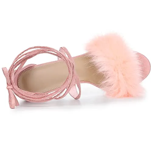 Allegra K Women's Faux Fur Stiletto Heel Pink Lace Up Heels Sandals 7.5 M US