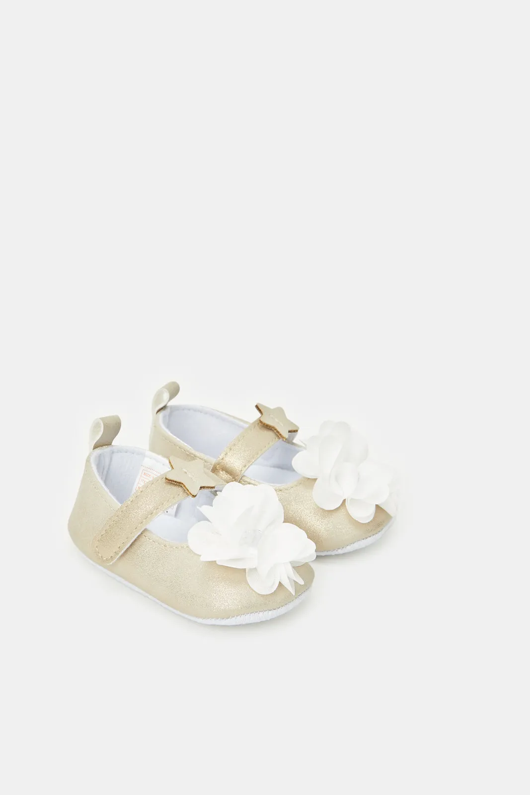 Babies Gold And White Flower Pram Shoe With Headband Set (2 Piece)