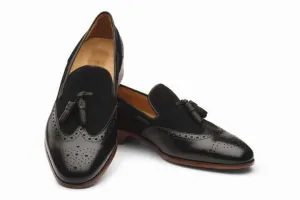 Bespoke Black Leather Suede Wing Tip Tussle Loafer Shoes