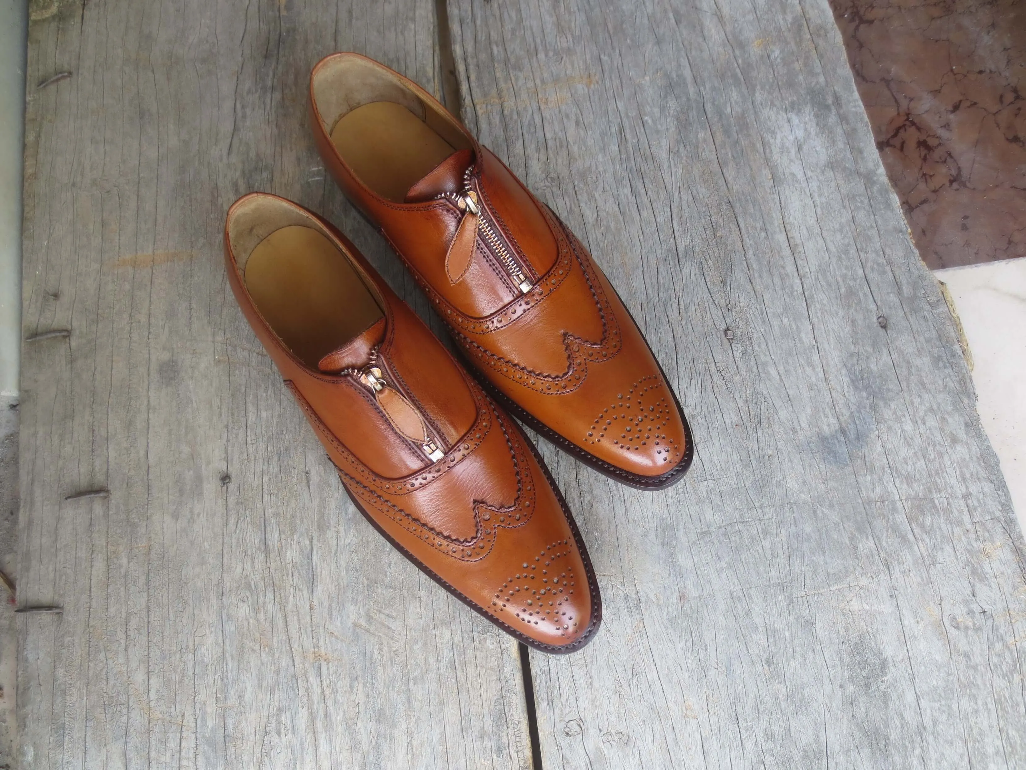 Bespoke Tan Leather Wing Tip Zip Up Shoes for Men's