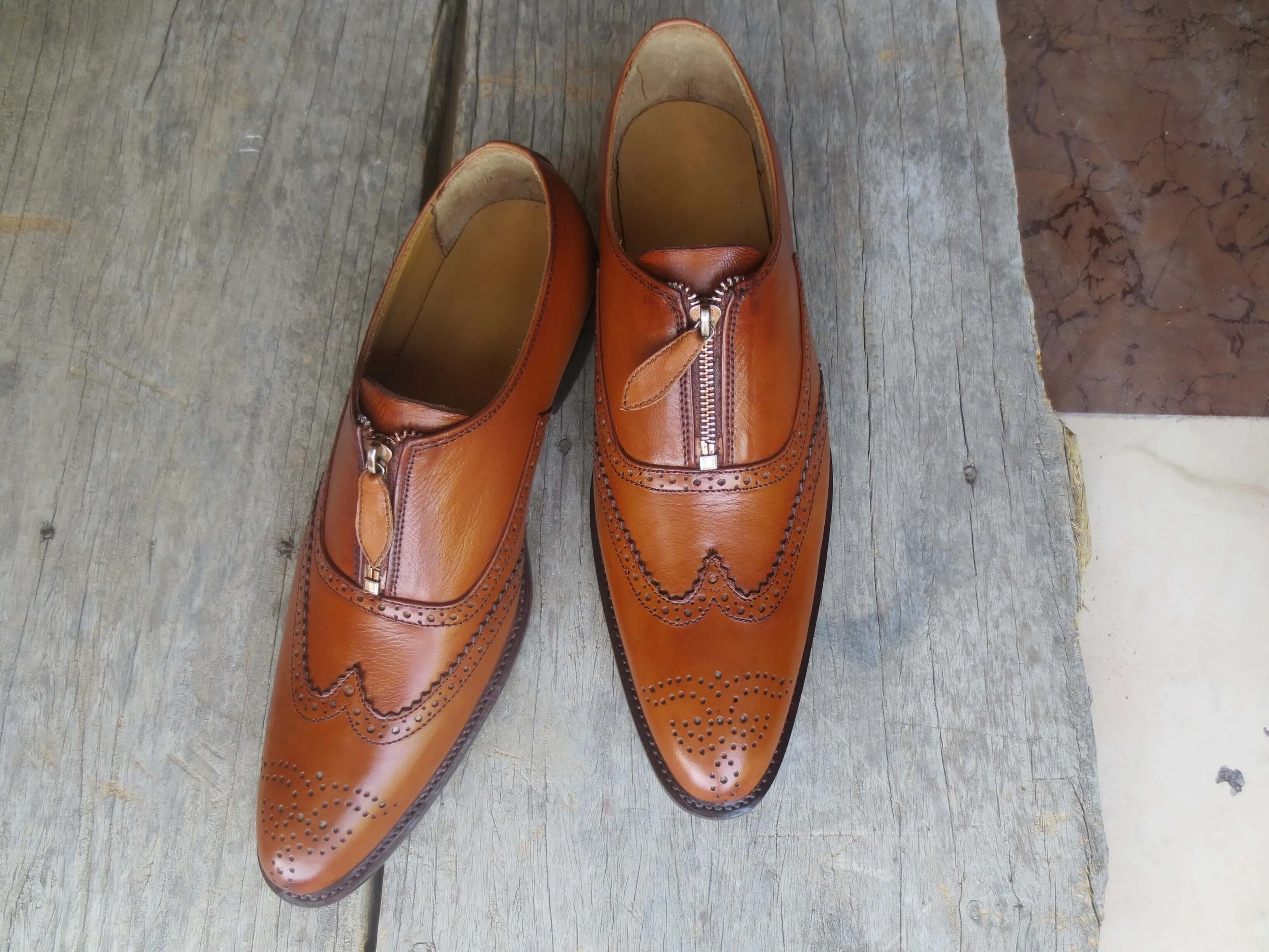 Bespoke Tan Leather Wing Tip Zip Up Shoes for Men's