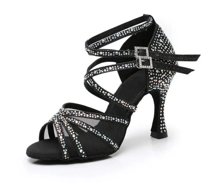 Black Ballroom Dance Shoes Rhinestone Double Straps