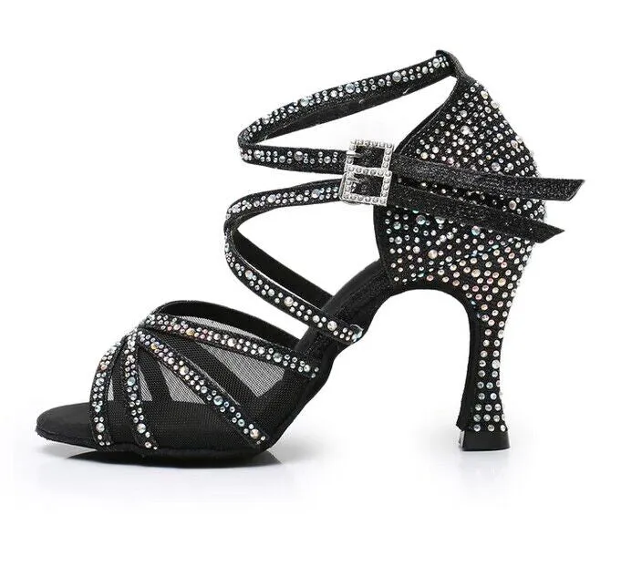 Black Ballroom Dance Shoes Rhinestone Double Straps