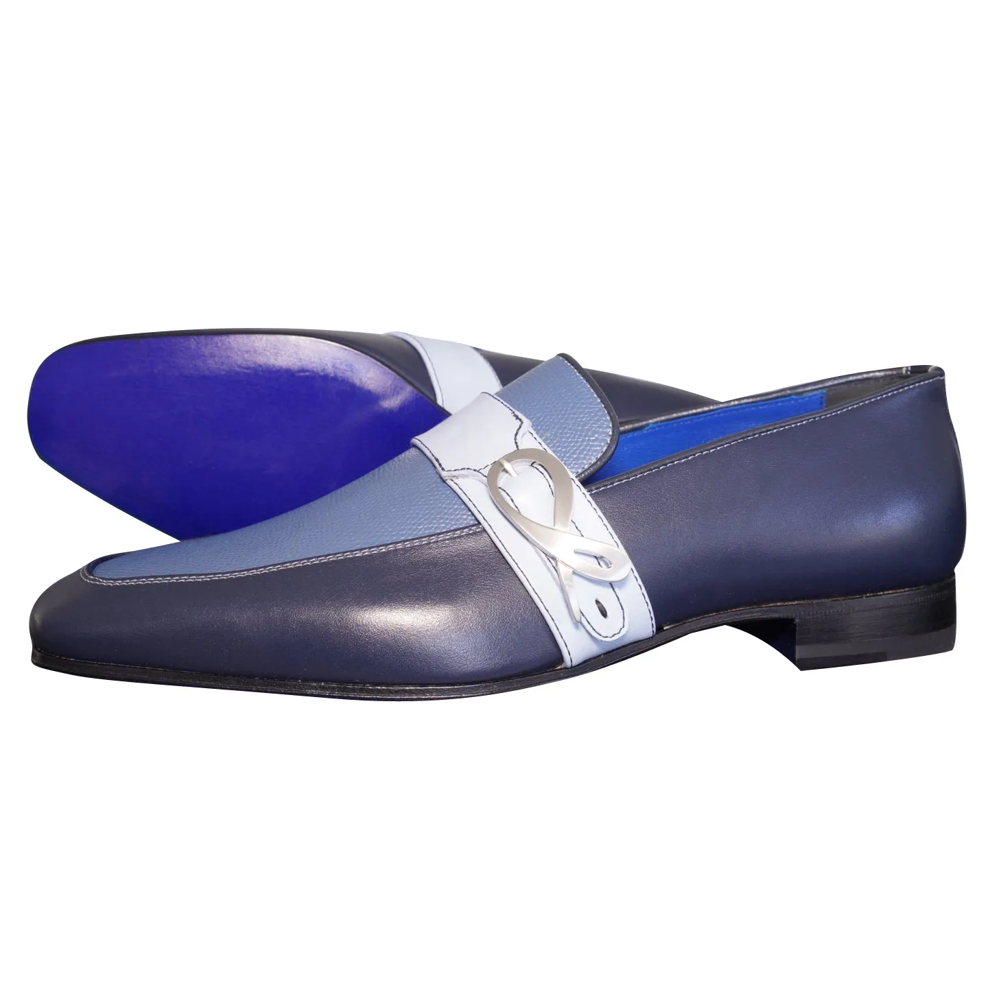 Blu Maya Leather Monk Strap loafer With Silver Buckle