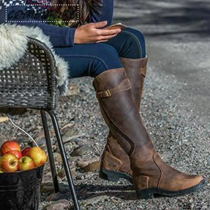 Casual Gladiator Boots - Knee-High PU Boots with Square Heel