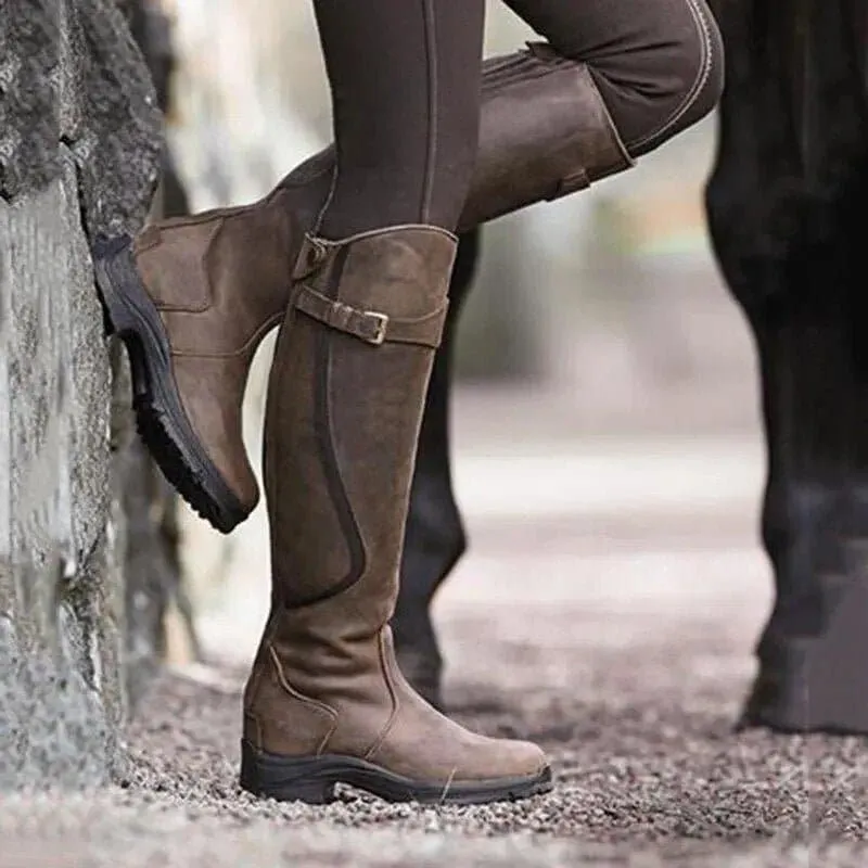 Casual Gladiator Boots - Knee-High PU Boots with Square Heel