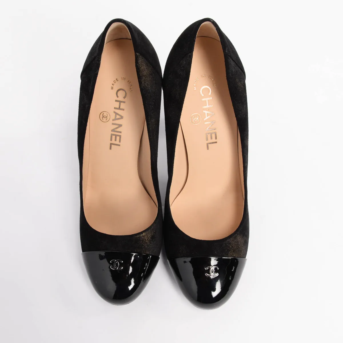 Chanel Black Metallic Suede Cap Toe CC Pumps 37