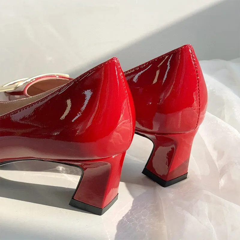 Classic Handmade Leather Block Heel Pumps in Red/Black/White/Khaki Square Button Design