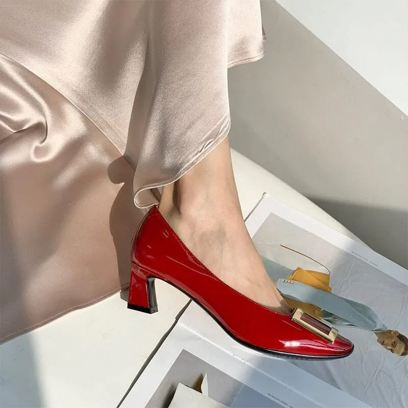 Classic Handmade Leather Block Heel Pumps in Red/Black/White/Khaki Square Button Design