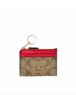 Coach Women's Khaki & Electric Red Mini Skinny Id Case In Signature Canvas