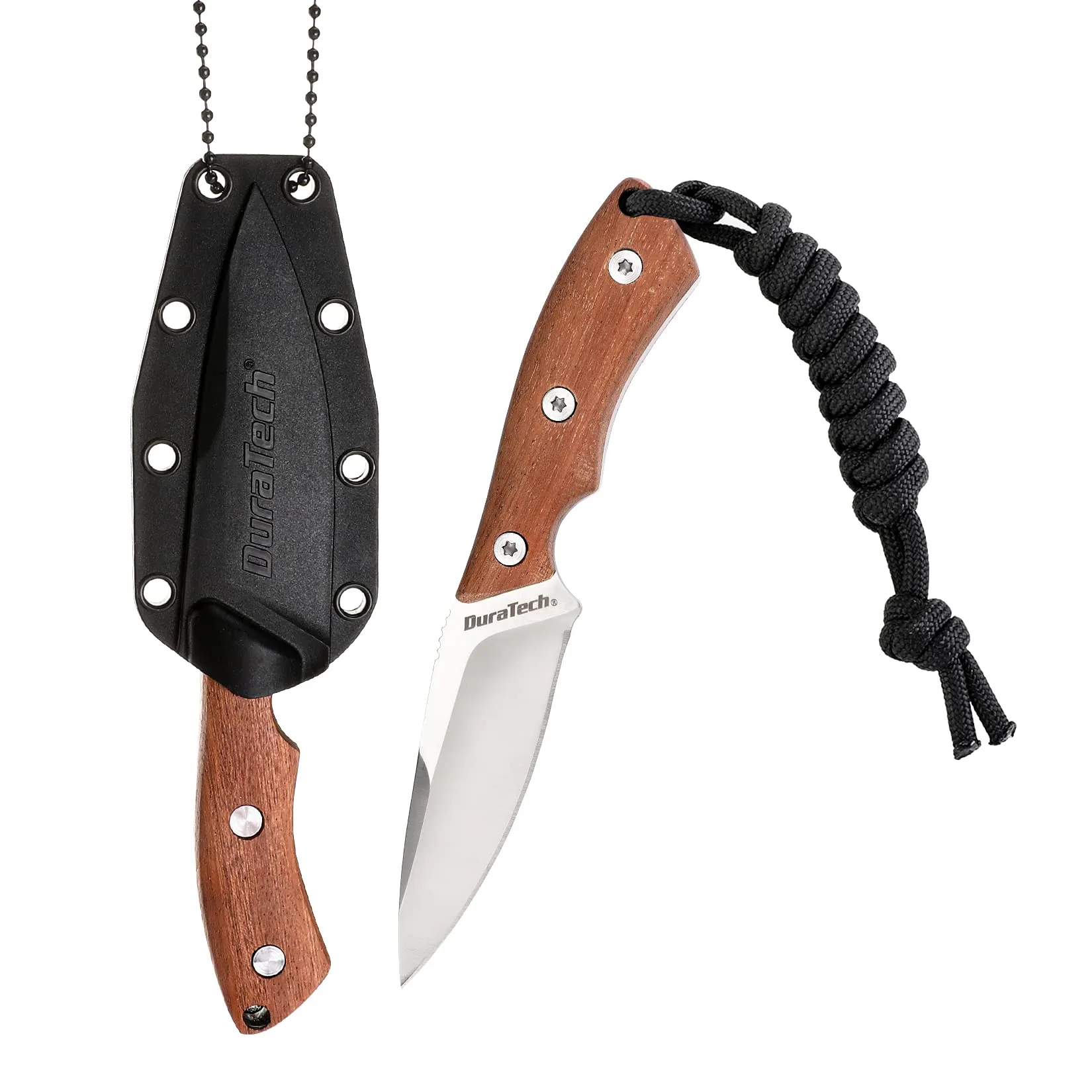 DURATECH Compact Fixed Blade Knife, 6-inch Neck Knife, 3-inch Blade, Full Tang, Wood Handle with Molded Sheath, Necklace and Paracord included, for EDC, Outdoor, Camping, Hiking