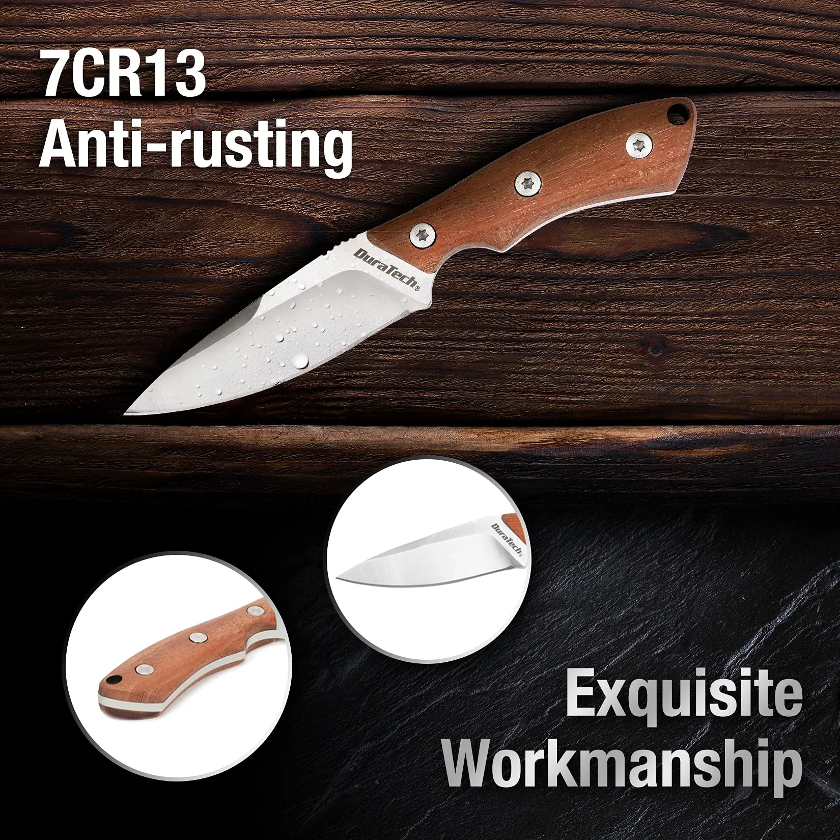 DURATECH Compact Fixed Blade Knife, 6-inch Neck Knife, 3-inch Blade, Full Tang, Wood Handle with Molded Sheath, Necklace and Paracord included, for EDC, Outdoor, Camping, Hiking