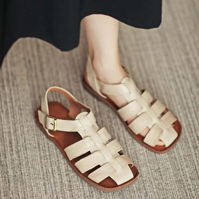 Fisherman Shoes Genuine Leather Gladiator Sandals Flat Slingback Side Buckle in Yellow/Beige/Brown