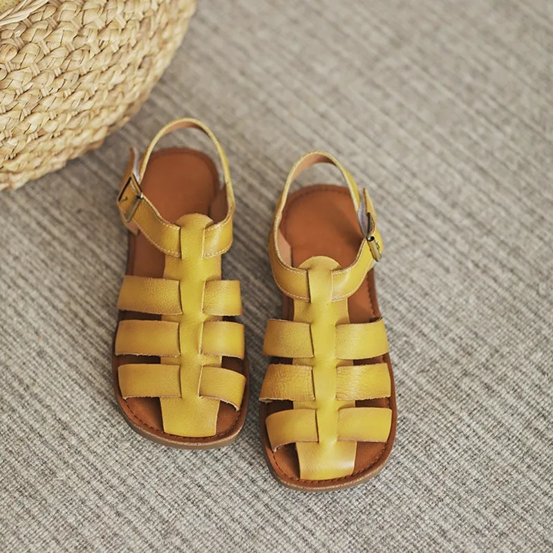 Fisherman Shoes Genuine Leather Gladiator Sandals Flat Slingback Side Buckle in Yellow/Beige/Brown