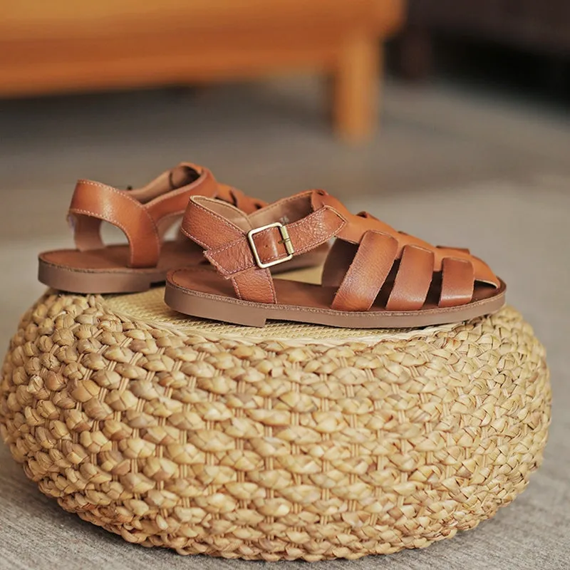 Fisherman Shoes Genuine Leather Gladiator Sandals Flat Slingback Side Buckle in Yellow/Beige/Brown