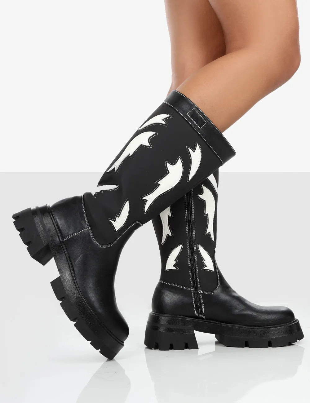 Fly Away Black Pu Western Cowboy Platform Chunky Sole Knee High Boots