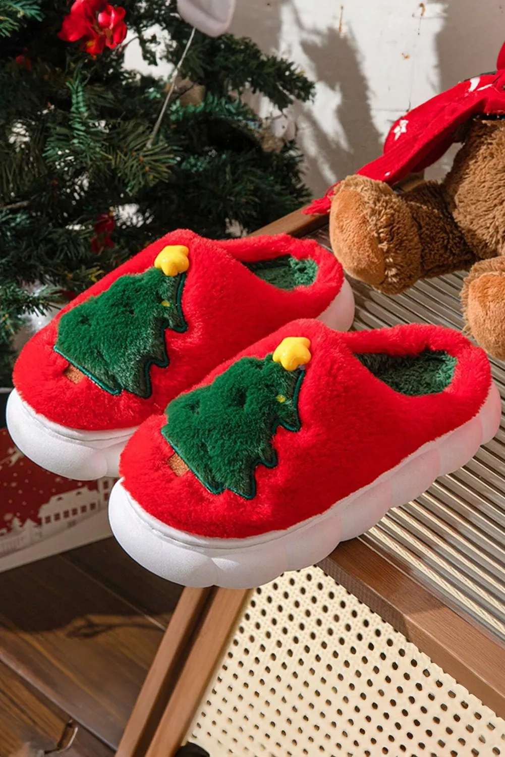 Furry House Slippers for Christmas Warm Soft Indoor Slippers Cute Elk Snowman Tree Winter Slides