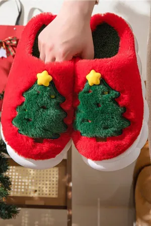 Furry House Slippers for Christmas Warm Soft Indoor Slippers Cute Elk Snowman Tree Winter Slides