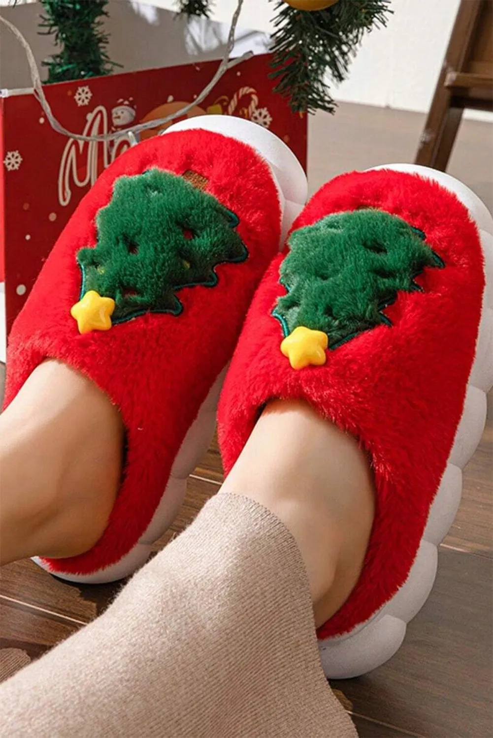 Furry House Slippers for Christmas Warm Soft Indoor Slippers Cute Elk Snowman Tree Winter Slides