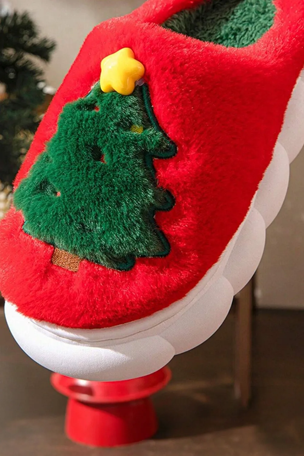 Furry House Slippers for Christmas Warm Soft Indoor Slippers Cute Elk Snowman Tree Winter Slides