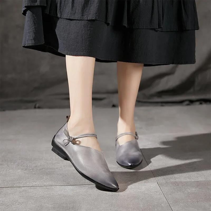 Handmade Genuine Leather Retro Point Toe Flat Mary Jane Shoes in Gray/Coffee