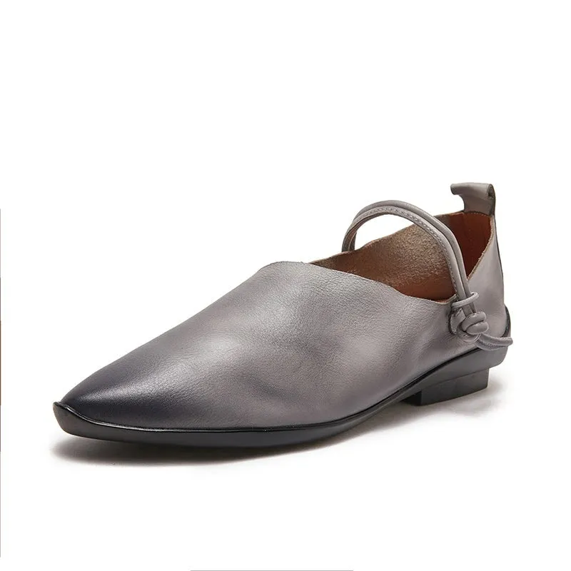 Handmade Genuine Leather Retro Point Toe Flat Mary Jane Shoes in Gray/Coffee