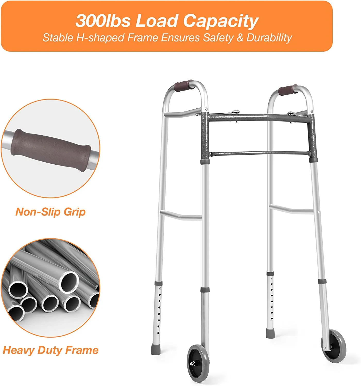 Lightweight Aluminum Alloy Folding Walker with 5" Wheels, 8-Level Height Adjustable Supports up to 300lbs