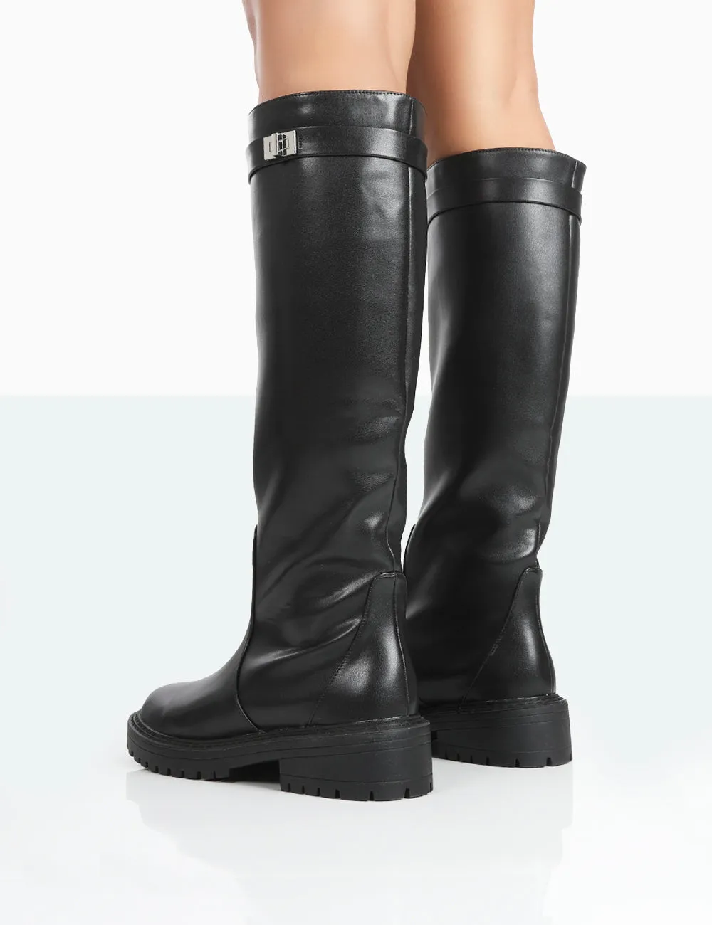 More Fun Black Pu Round Toe Chunky Sole Knee High Boots