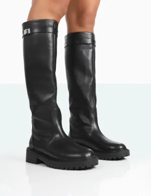 More Fun Black Pu Round Toe Chunky Sole Knee High Boots