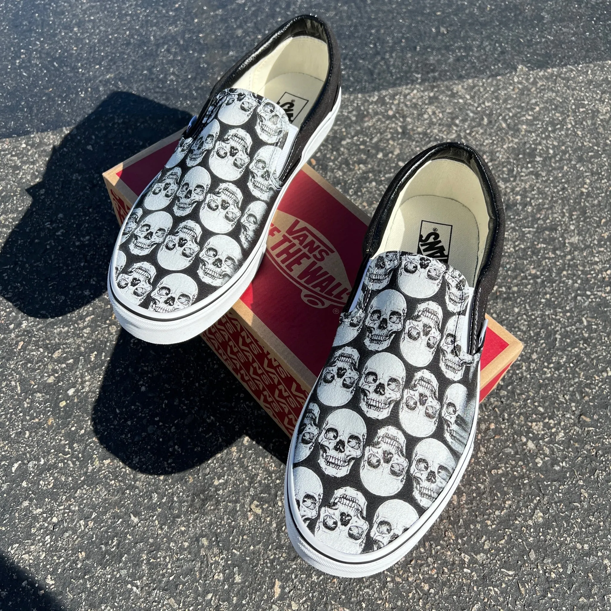 Multiple Skull Head Tile Print Spooky Black Slip On Vans