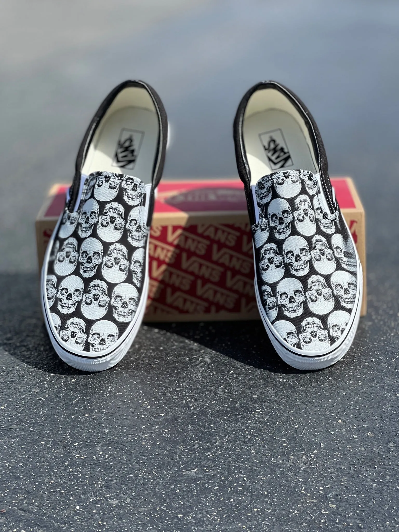 Multiple Skull Head Tile Print Spooky Black Slip On Vans