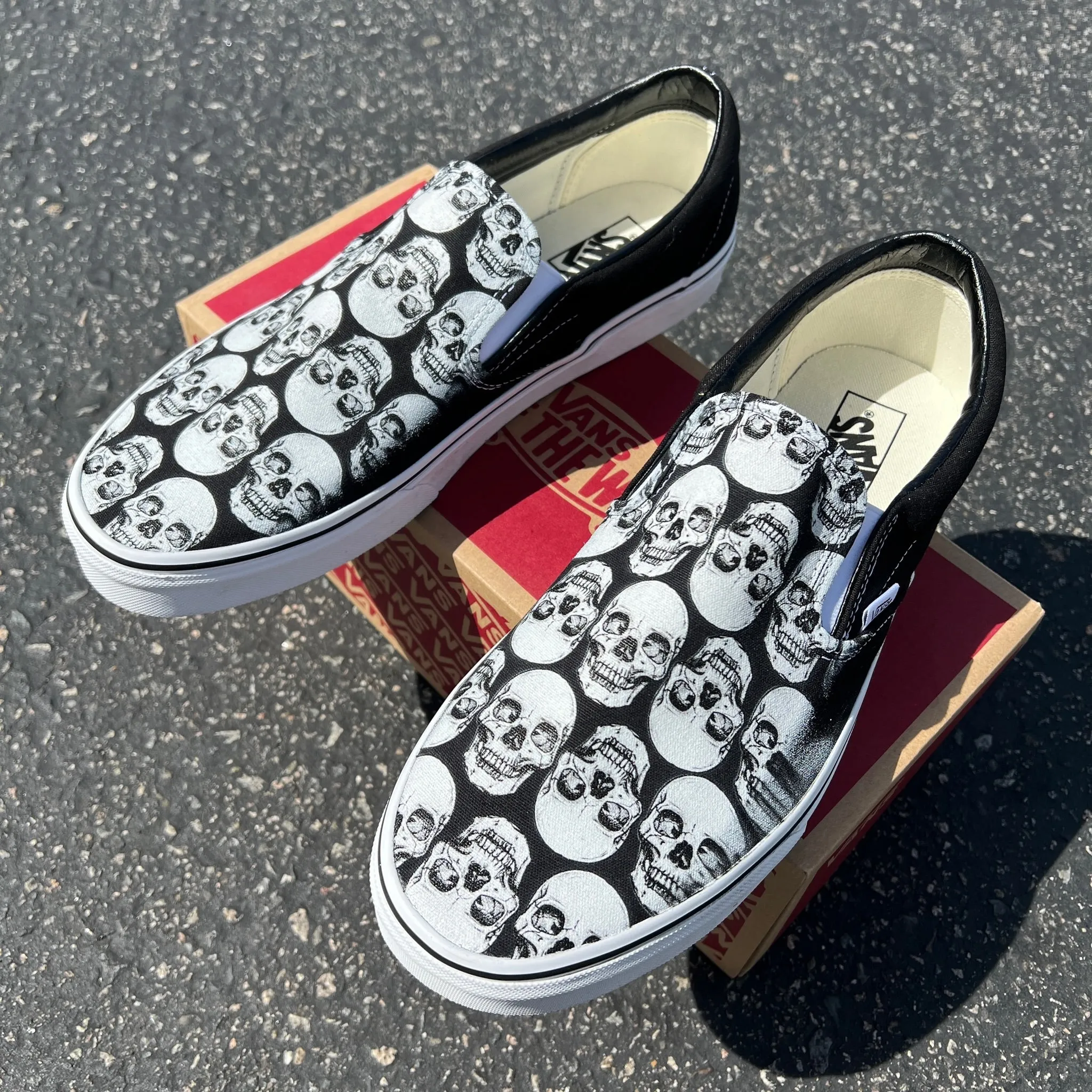 Multiple Skull Head Tile Print Spooky Black Slip On Vans