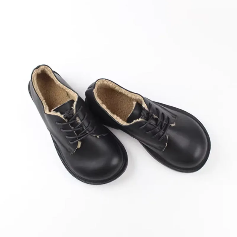 Retro Lace Up Leather Shoes Round Toe Shearling Lined Oxford Shoes Black