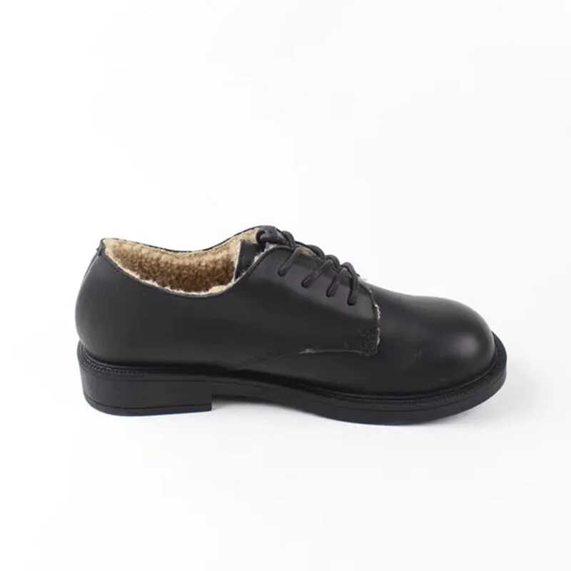 Retro Lace Up Leather Shoes Round Toe Shearling Lined Oxford Shoes Black