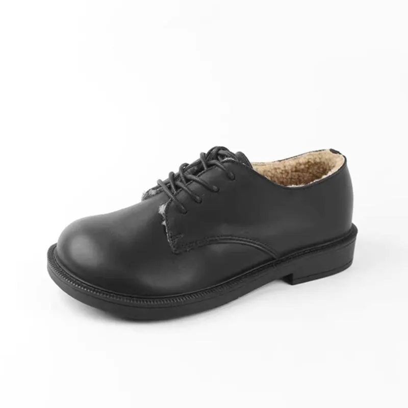 Retro Lace Up Leather Shoes Round Toe Shearling Lined Oxford Shoes Black