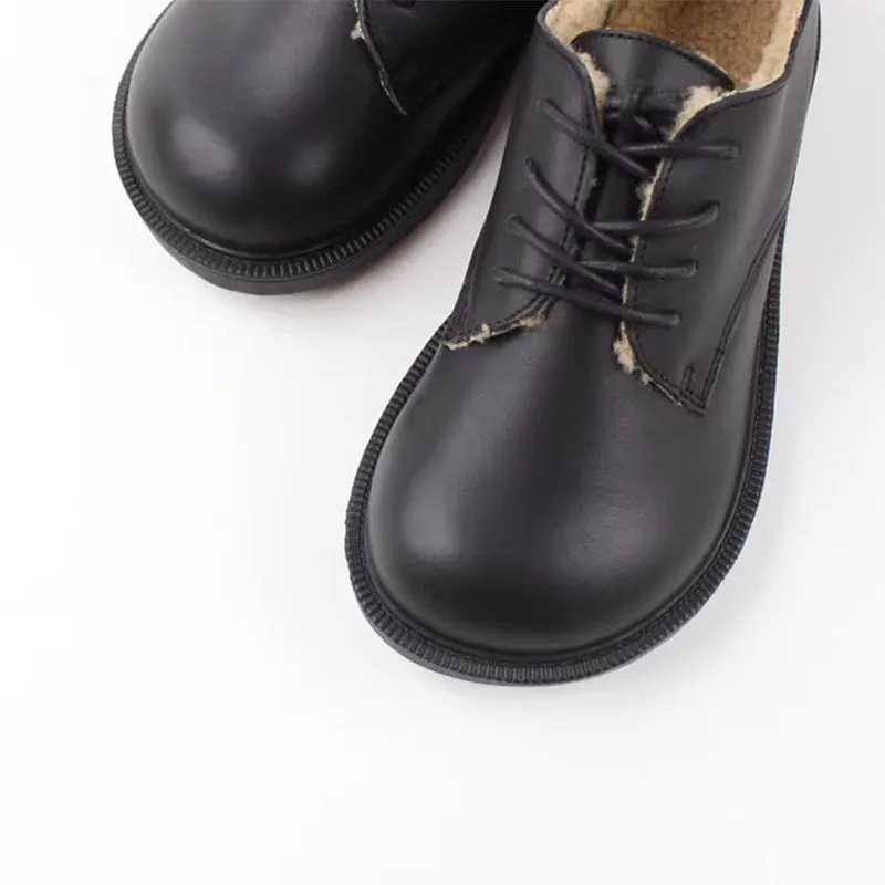 Retro Lace Up Leather Shoes Round Toe Shearling Lined Oxford Shoes Black