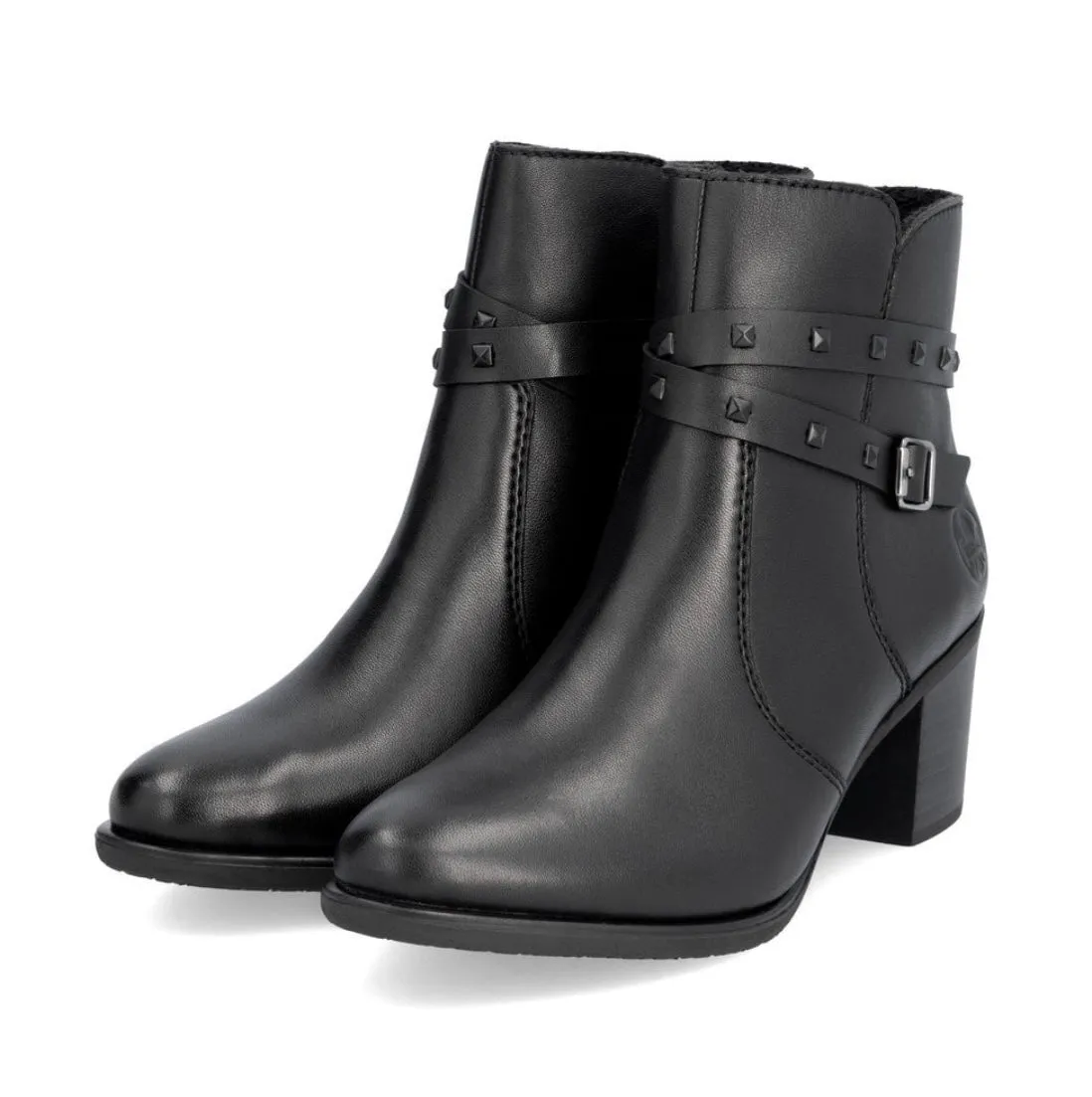 Rieker Y2059-00 Lugano Black Leather Block Heeled Ankle Boots