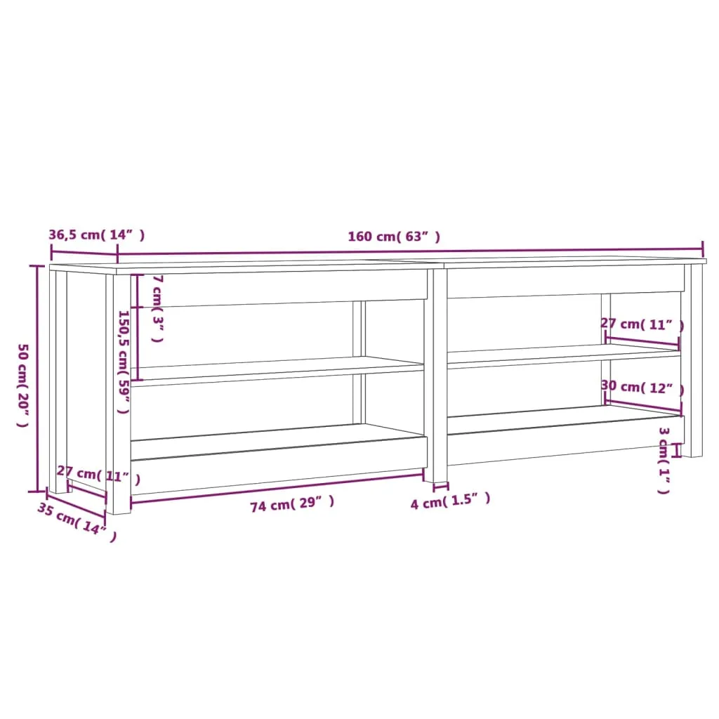 Shoe Bench White 160x36.5x50 cm Solid Wood Pine