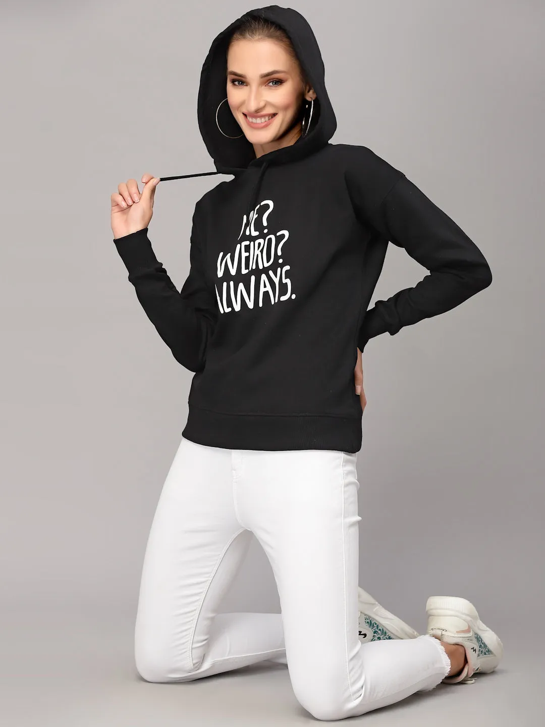 Style Quotient Women Black Printed Hooded Sweatshirt