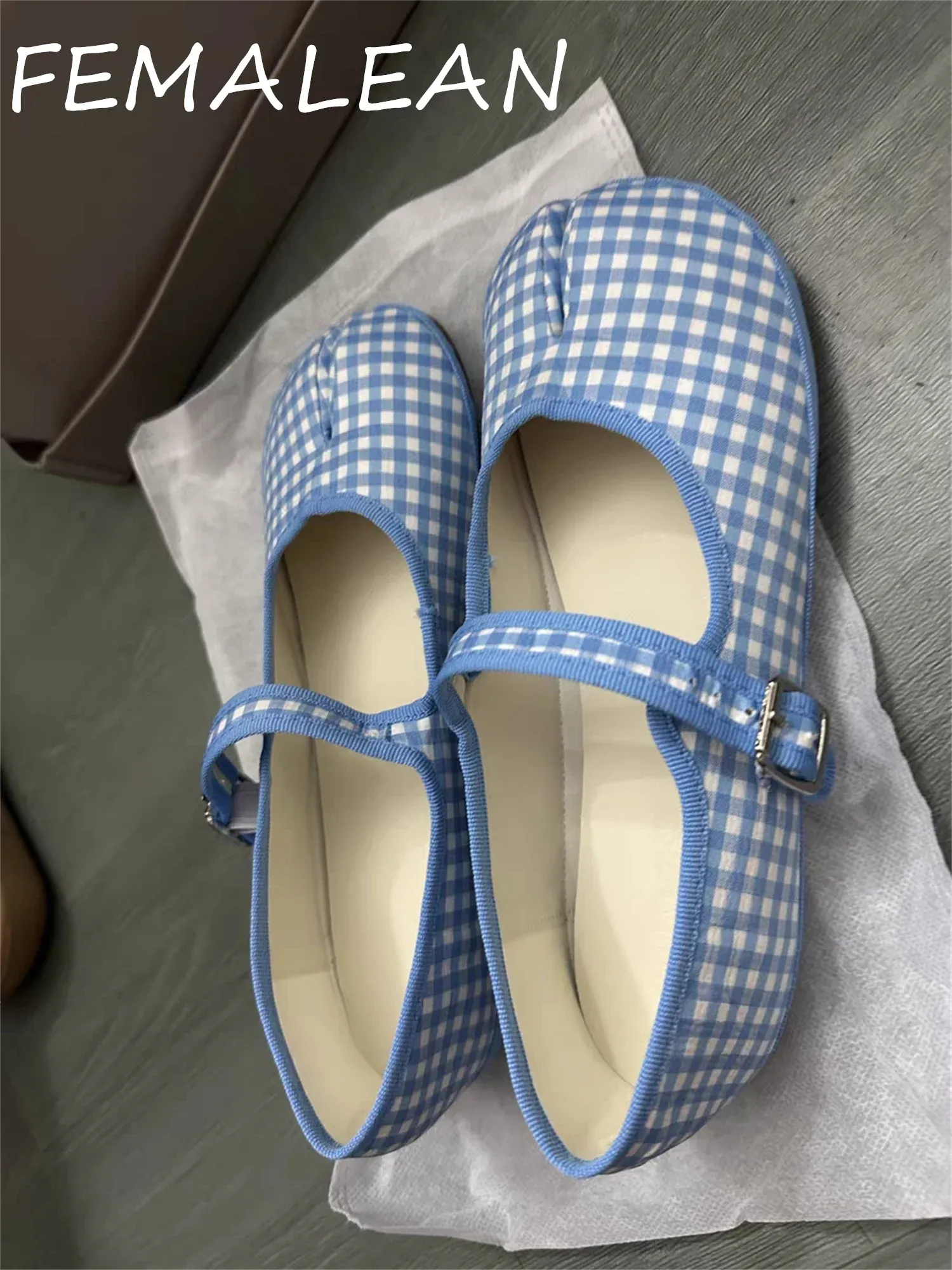 TAVIMART  -  Shoes Split-toe Sky Blue Gingham Cotton Ballet Flat Summer Loafers Mary Jane Shoes Women Trend Sale Free Delivery