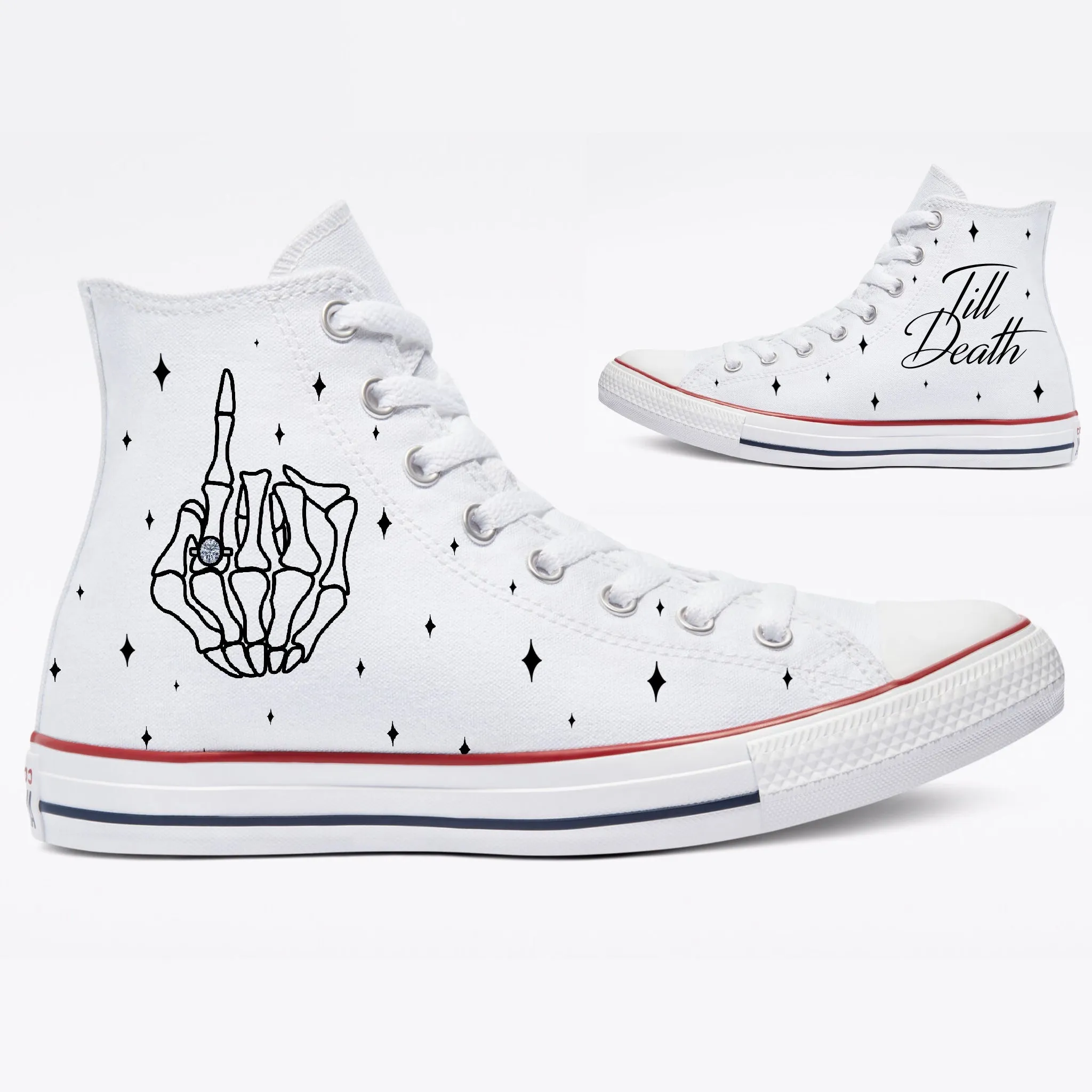 Till Death Ring Finger White High Tops - Casual Comfortable Wedding Shoes - Custom Converse Shoes