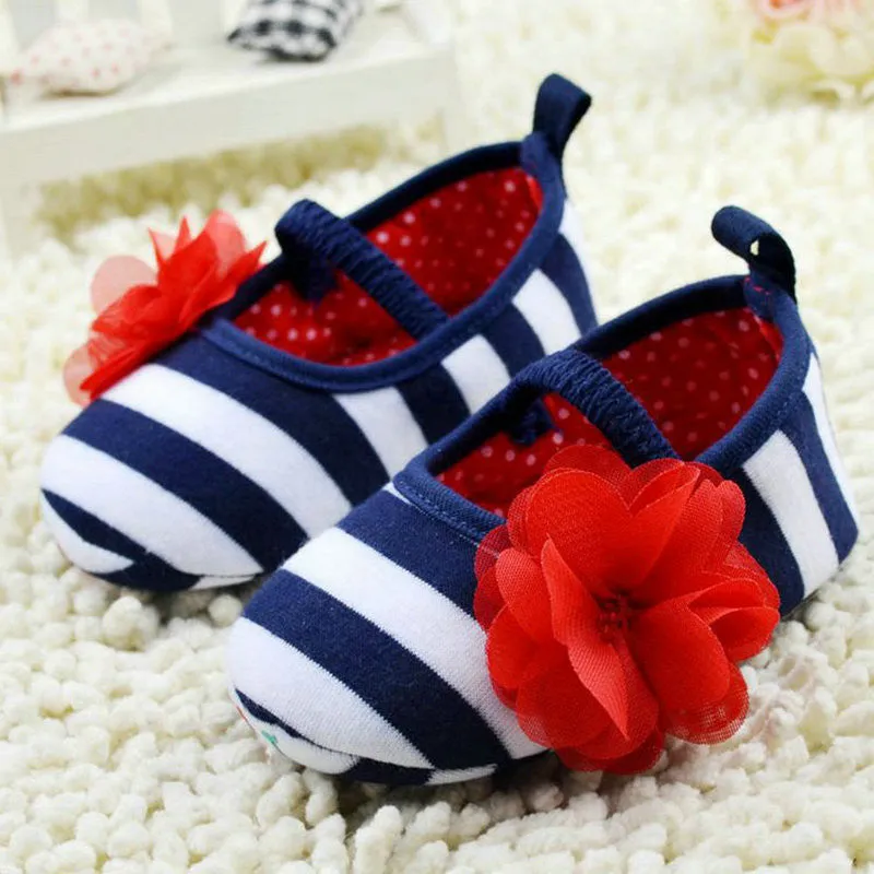 Toddler Girls Flower Crib Shoes Soft Stripes Elastic Casual Party Baby Shoes