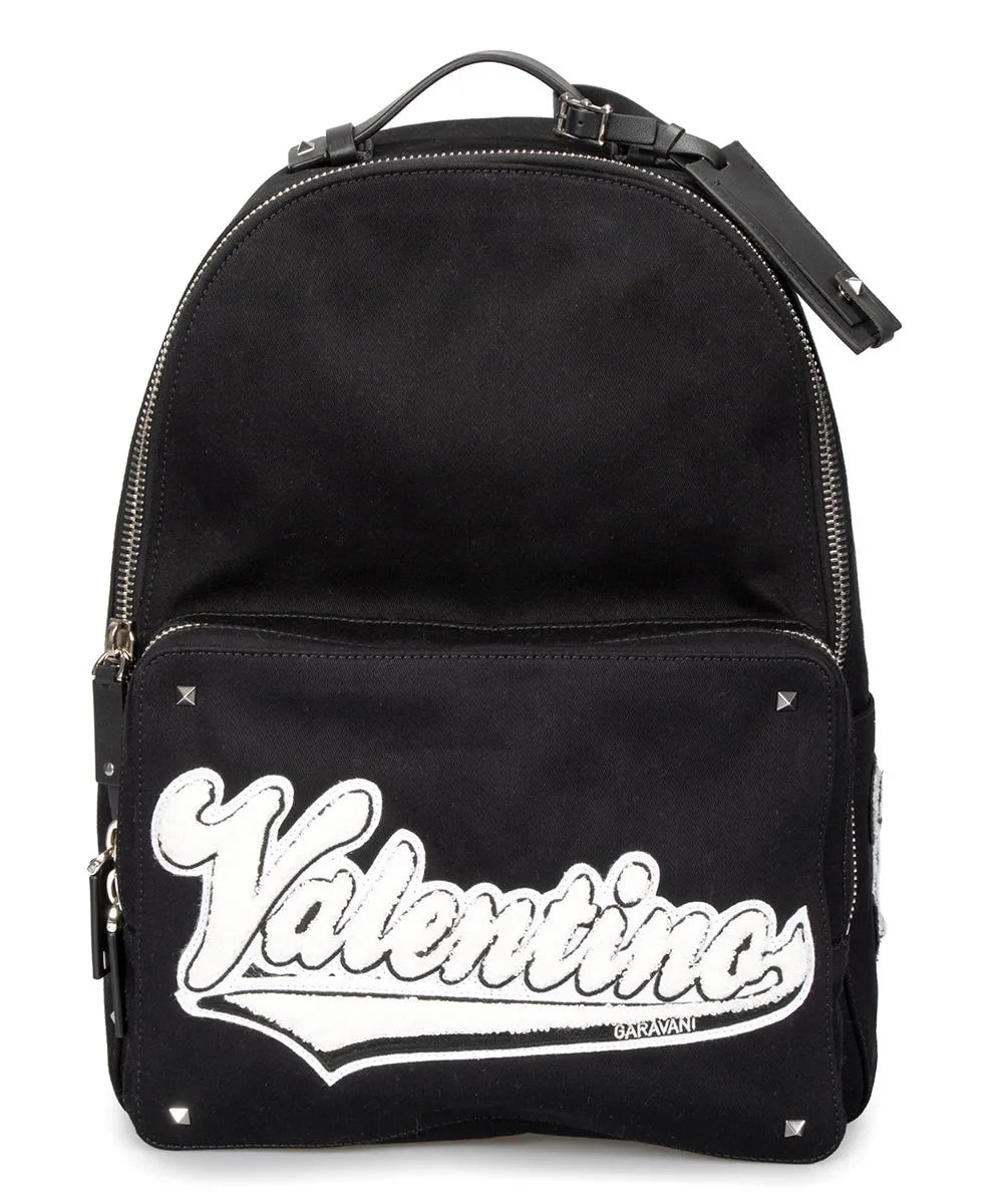 Valentino Black Fabric Backpack with Logo Applique