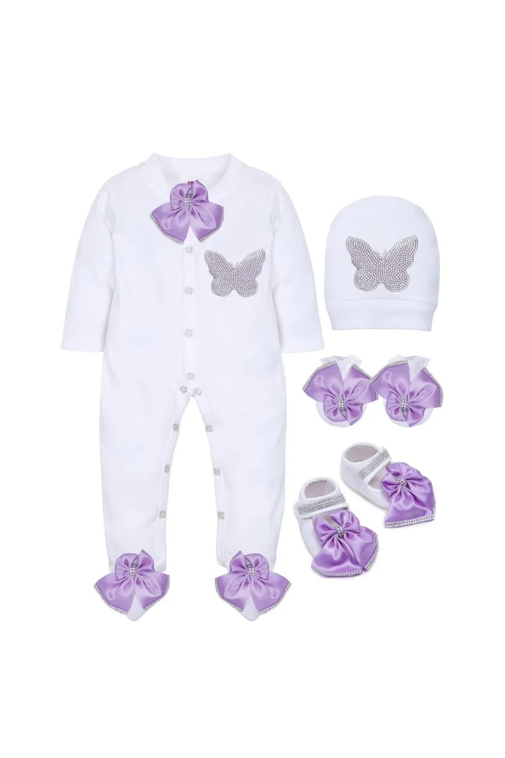 White Butterfly Embroidered Sleepsuit With Shoes Set