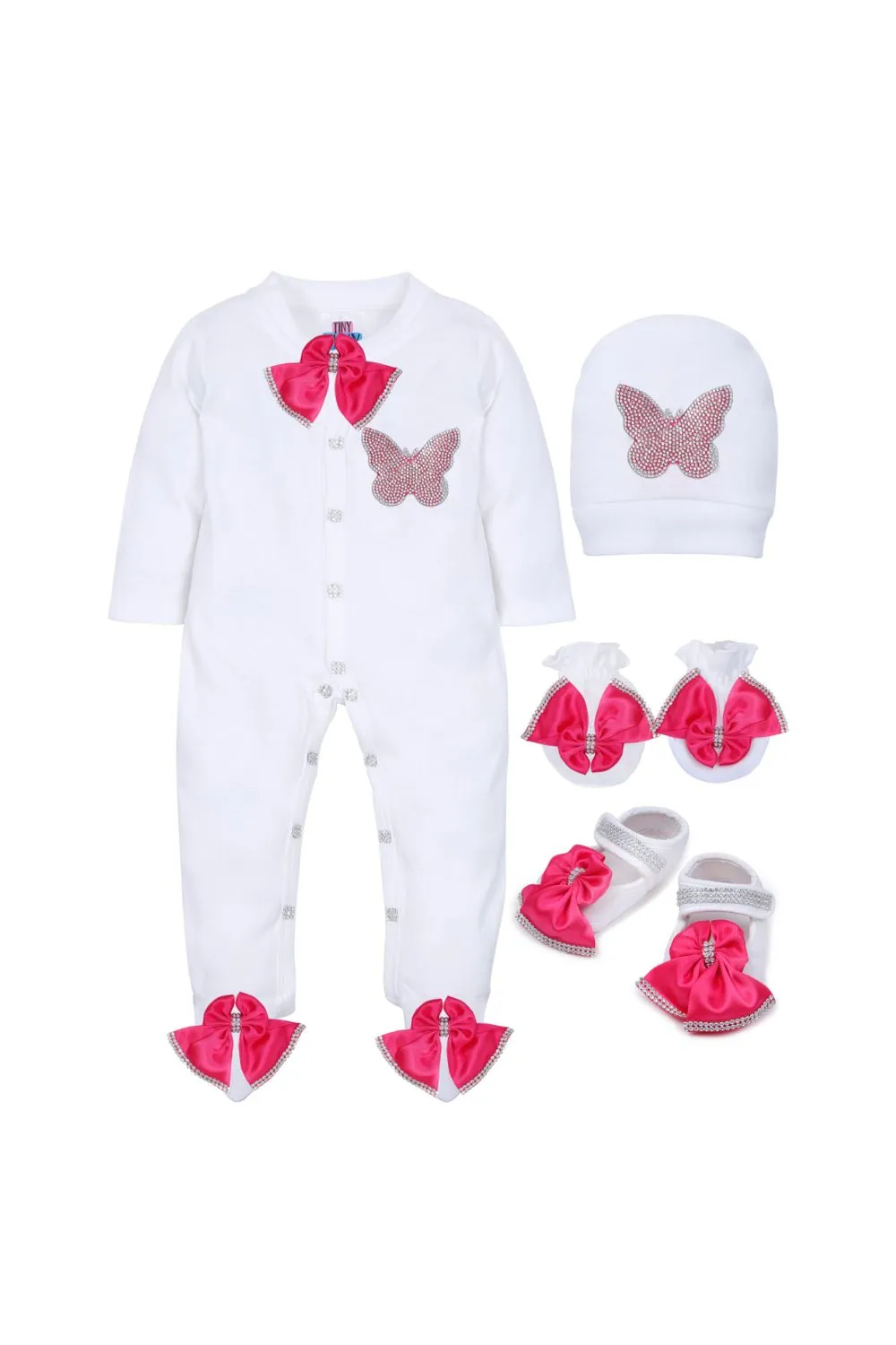 White Butterfly Embroidered Sleepsuit With Shoes Set