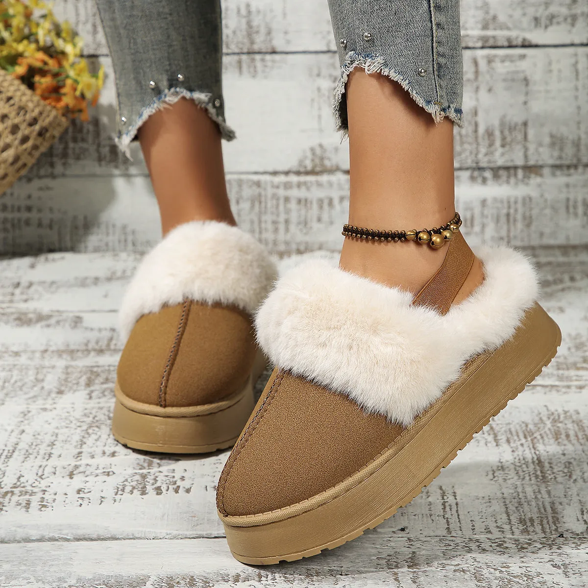 Winter Plush Home Slippers With Back-heeled Elastic Band for Women