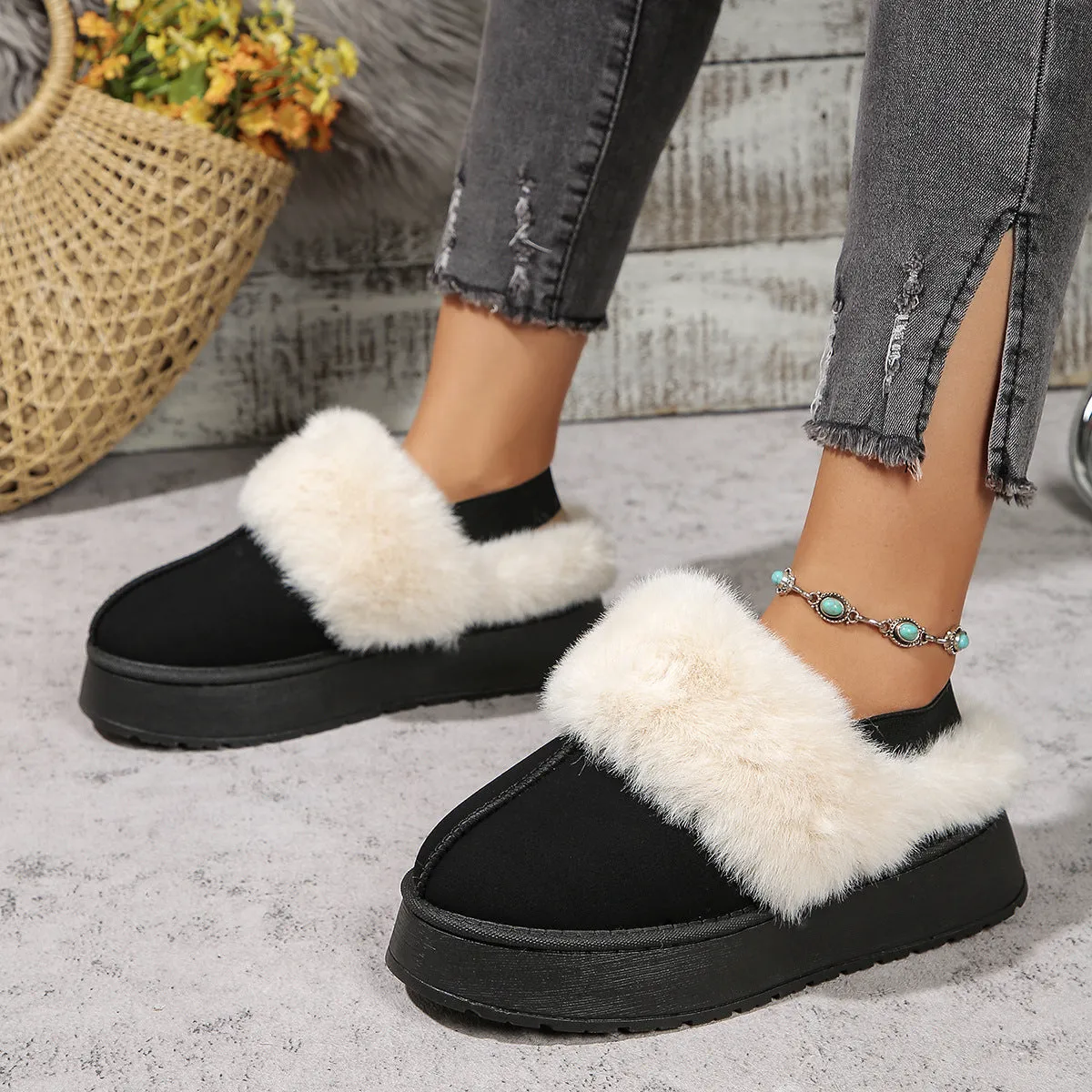 Winter Plush Home Slippers With Back-heeled Elastic Band for Women