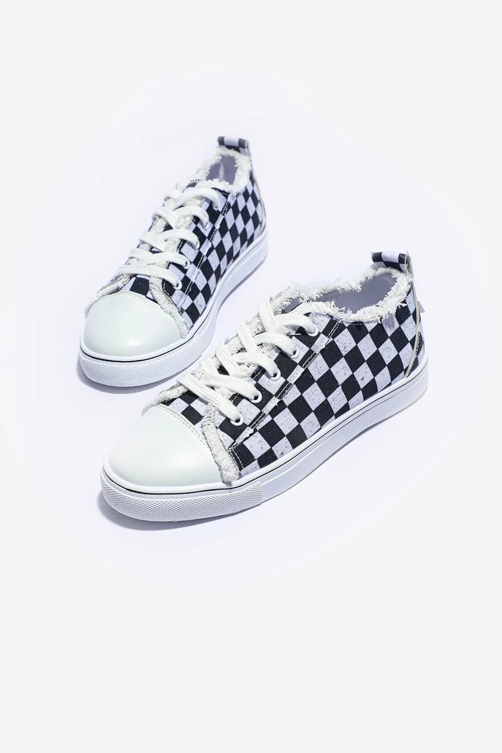 Women Canvas Shoes Black White Checkerboard Low Top Lace Up Sneakers Shoes